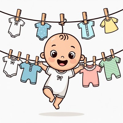 Baby hanging colorful baby clothes clothesline