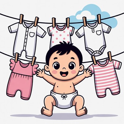Baby with baby clothes on clothesline