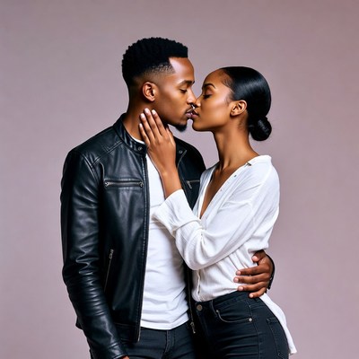 African-American couple kissing passionately