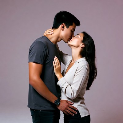 Asian couple kissing passionately