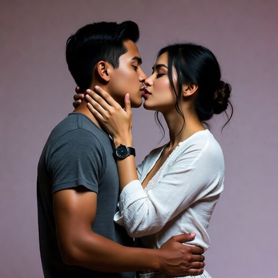 Asian couple kissing passionately