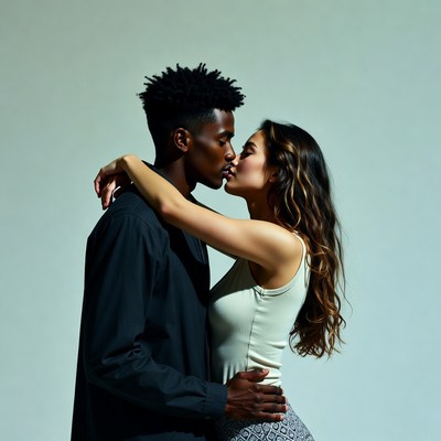 Black man kissing Asian woman