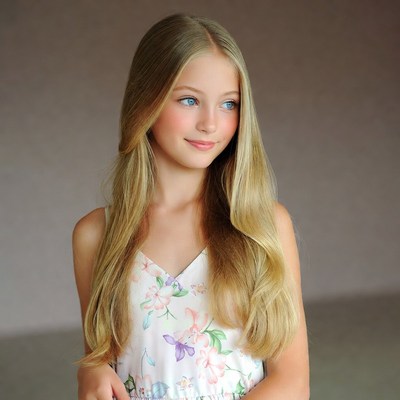 Blonde girl in floral dress smiling