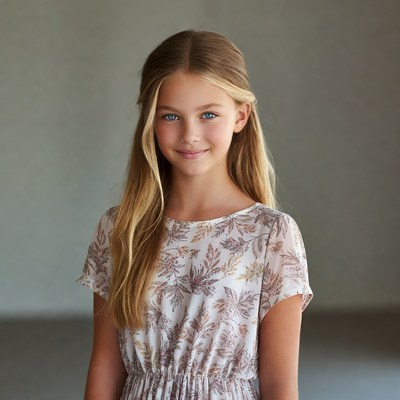 Blonde girl in leaf print dress