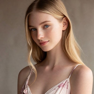 Blonde woman in pink slip dress