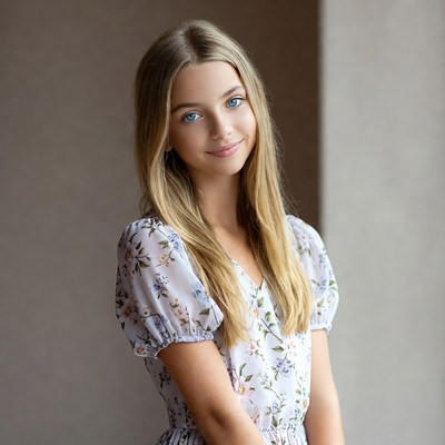 Young woman in floral dress smiling