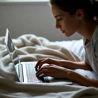 Woman typing on laptop in bed
