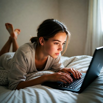 Woman typing on laptop in bed