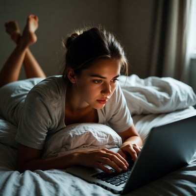 Woman using laptop on bed