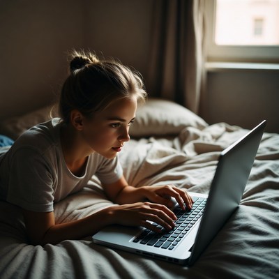 Young woman typing on laptop in bed