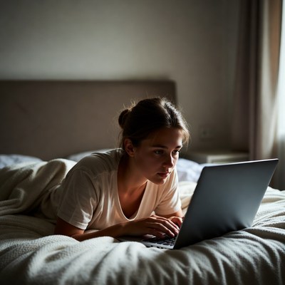 Woman using laptop in bed