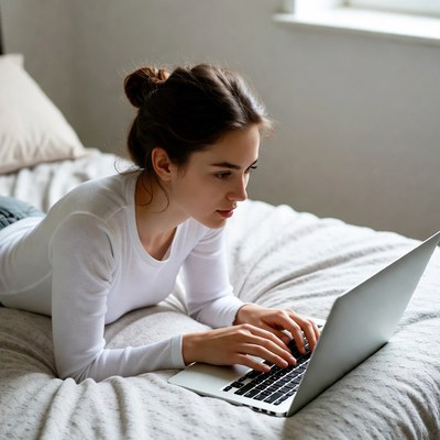 Woman typing on laptop in bed