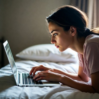 Woman typing on laptop in bed