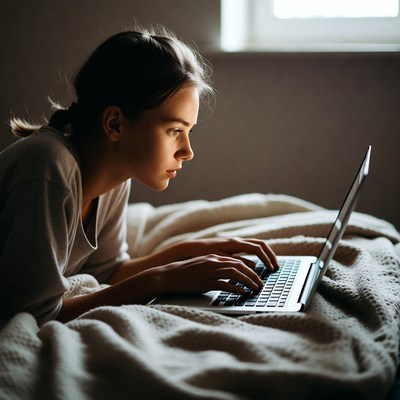 Woman working on laptop in bed