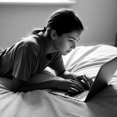 Woman typing on laptop in bed
