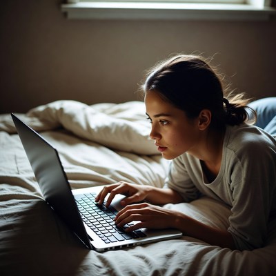 Young woman typing on laptop in bed