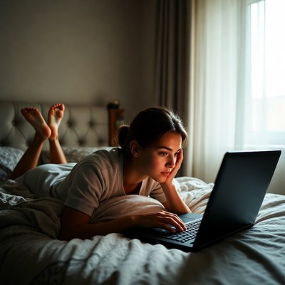 Woman using laptop on bed