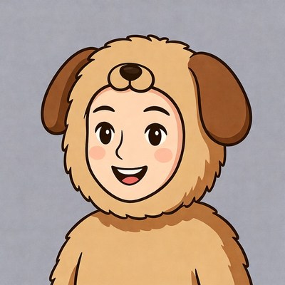 Boy in fluffy dog costume smiling