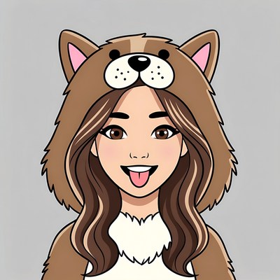 Woman in brown dog hoodie sticking tongue out