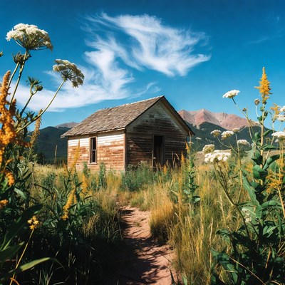 Abandoned Cabin in Mountain Meadow