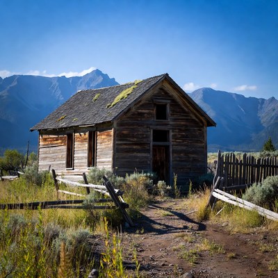 Old wooden cabin with snowy mountains