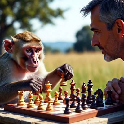 Man playing chess with monkey