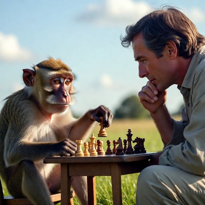 Man playing chess with monkey