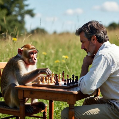 Man playing chess with monkey