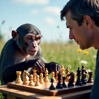 Man playing chess with monkey