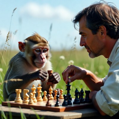 Man playing chess with monkey