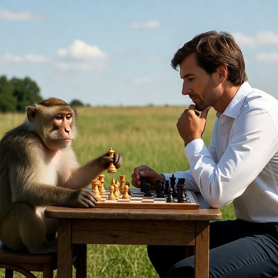 Man playing chess with monkey