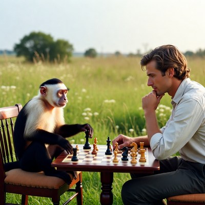 Man and monkey playing chess outdoors