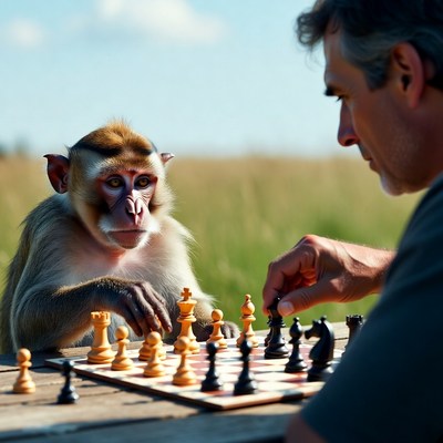 Man playing chess with monkey