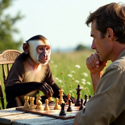 Man playing chess with monkey