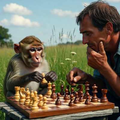 Man playing chess with monkey