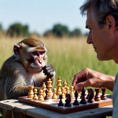 Man playing chess with monkey