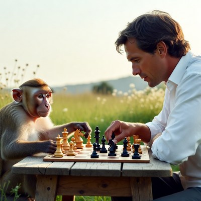 Man playing chess with monkey