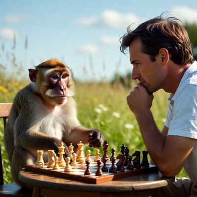 Man playing chess with monkey