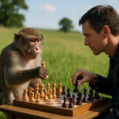 Man playing chess with monkey