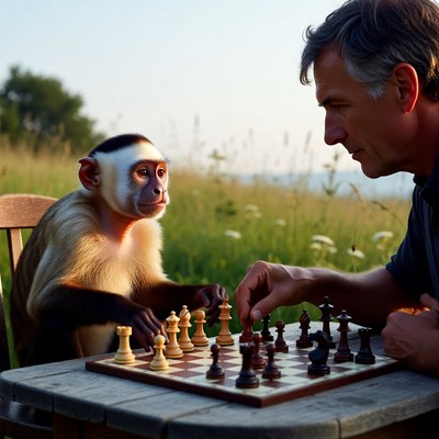 Man playing chess with monkey