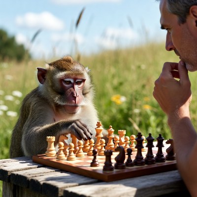 Man playing chess with monkey