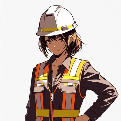 Anime woman in construction vest and helmet