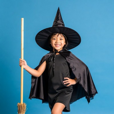 Asian girl in witch costume with broom