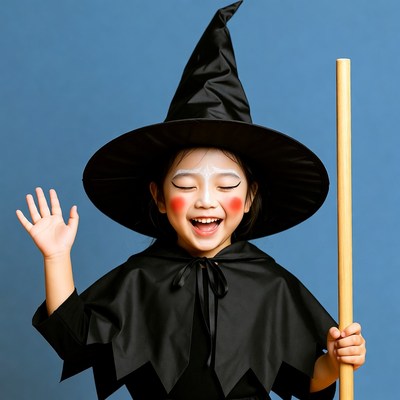 Asian girl waving in witch costume