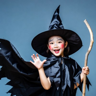 Asian girl in witch costume waving