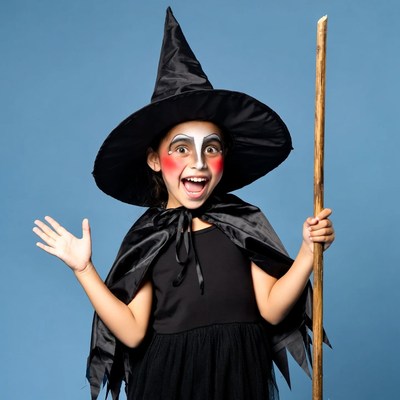 Girl in witch costume with broomstick