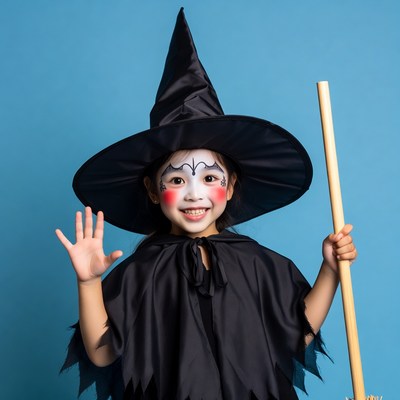 Asian girl waving in witch costume