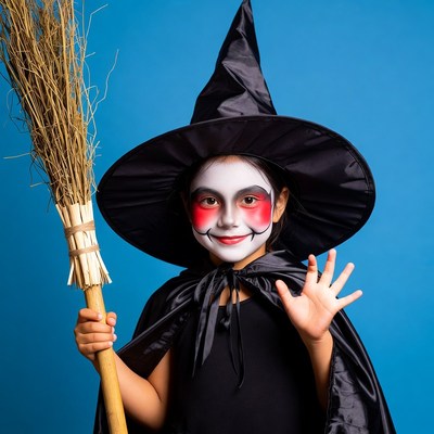 Girl in witch costume with broom