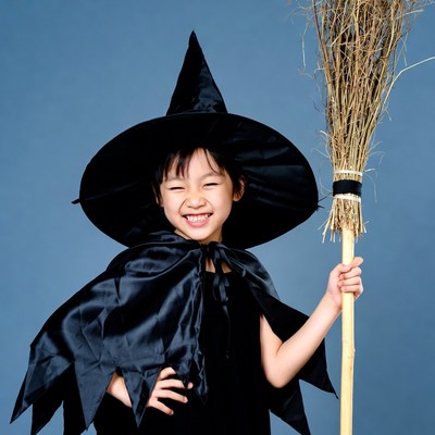 Asian girl in witch costume with broom