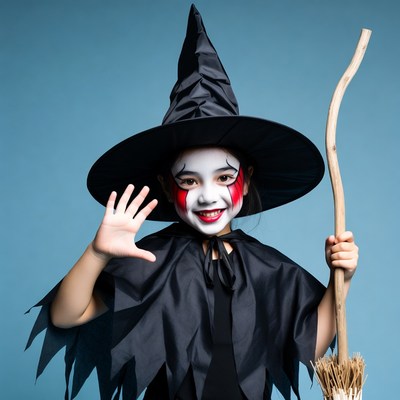 Girl waving in witch costume